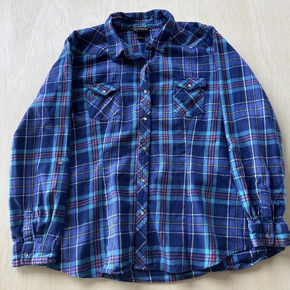 Bit & Bridle Shirt Womens 1X Blue Plaid Button Up Long Sleeve Top Casual Flannel